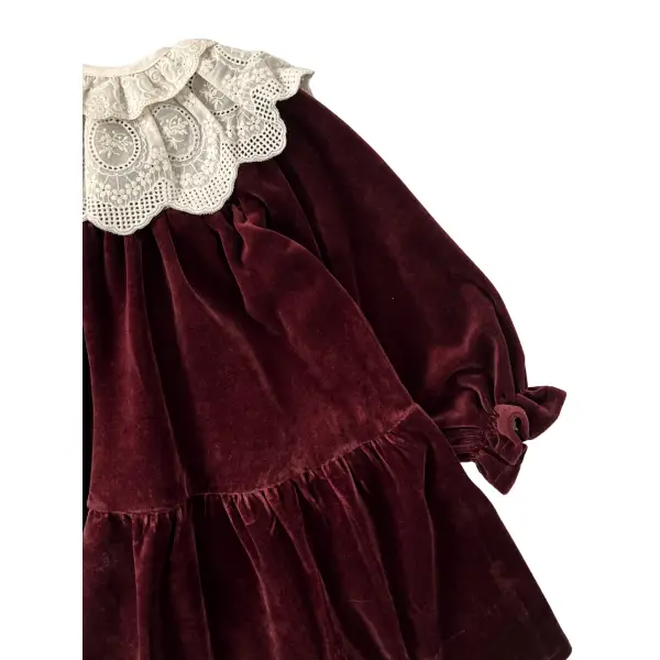 WELUROWA SUKIENKA Z KORONKOWYM KOŁNIERZEM - BORDOWA